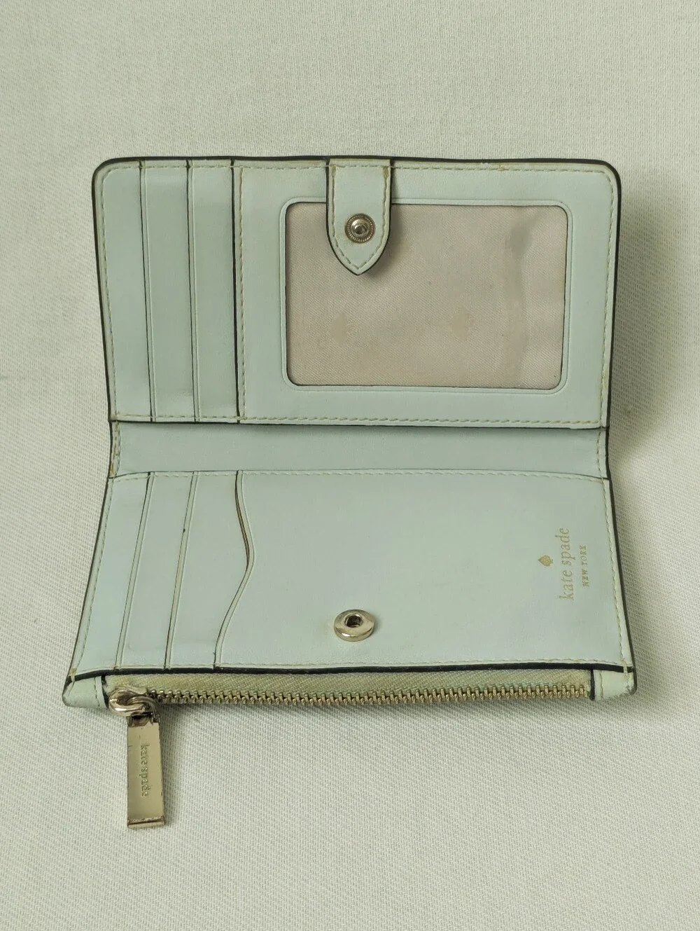 kate spade mint leather compact bifold wallet with gold hardware